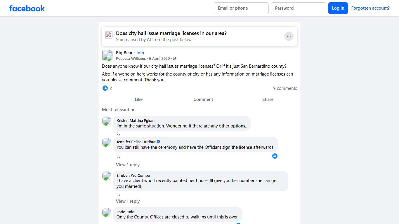 Big Bear Does anyone know if our city hall issues marriage licenses Facebook